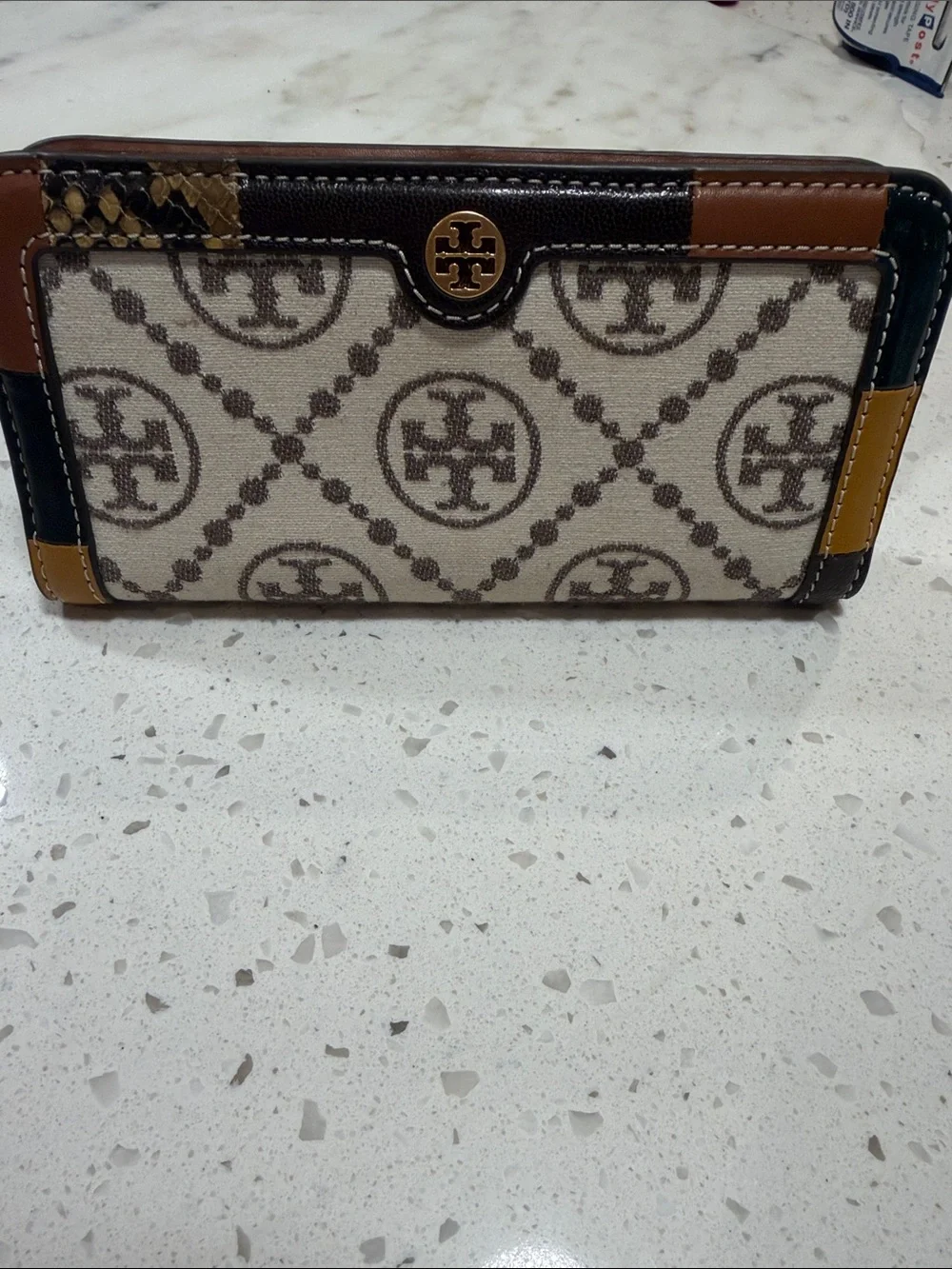 Tory Burch Monogram Beige Canvas Wallet with Brown and Mustard Trim